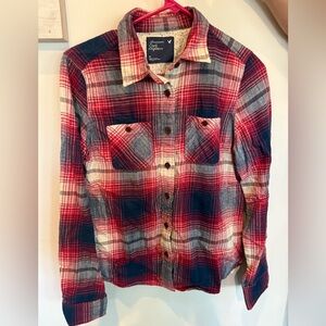 American Eagle Red/Navy/Tan Plaid Casual Flannel Button Down Shirt-Size 8